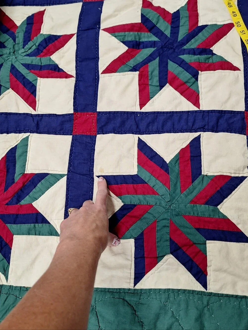 Handmade Vintage "LeMoyne Star or Blazing Star" Patriotic Quilt, 80 X 80 - Picture 10 of 13